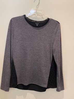 Ann Taylor Gray Long-Sleeve Knit Top with Black Lace Overlay on Back to Side